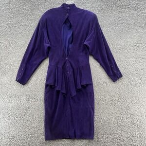 VTG 80s Vakko Dress Womens 8 Purple Suede Peplum Open Back Sheath USA